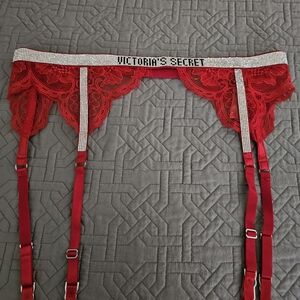 Victoria's Secret Red Lace Garter Belt With Bling Logo NWT